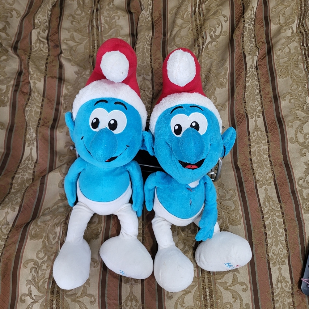 Two Macy's 2010 Smurf Santa Stuffed Christmas Plush (1 of the smurfs is ripped)